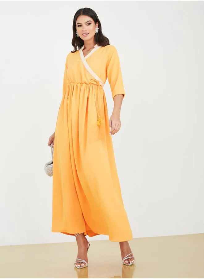 Styli 3/4 Sleeve Beaded Trim A-Line Maxi Dress