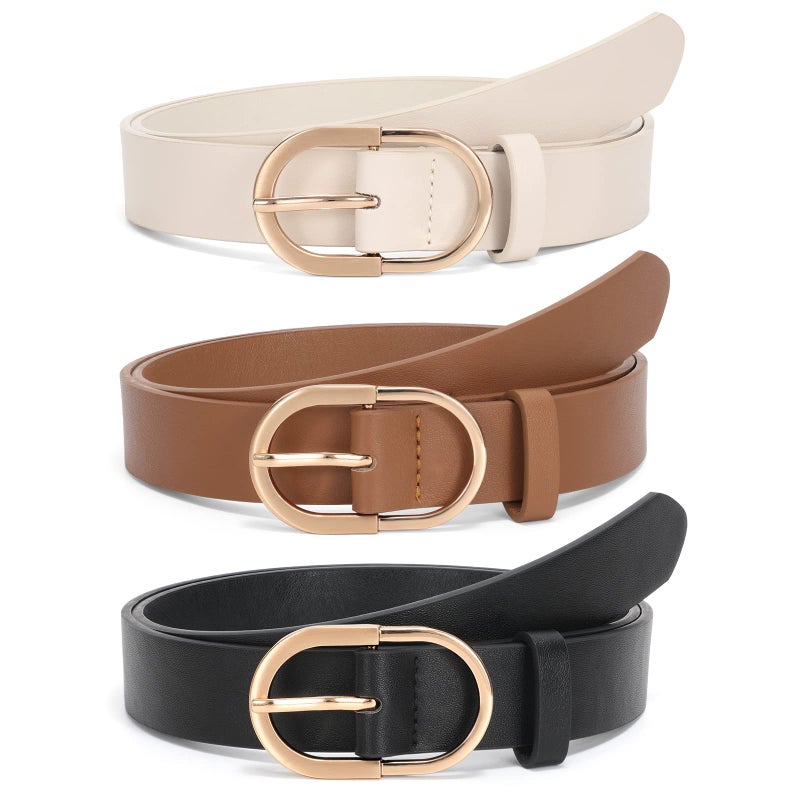 JASGOOD 3 Pack Womenâ€™s Leather Belts for Jeans Pants Fashion Ladies Belt with Gold Buckle D-Black+Brown+Beige - Image 1