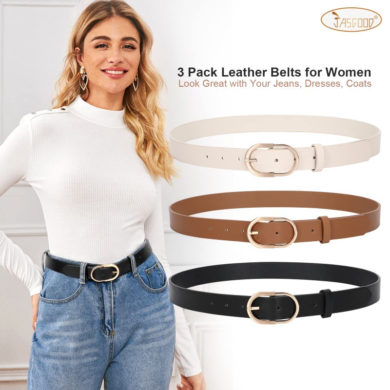 JASGOOD 3 Pack Womenâ€™s Leather Belts for Jeans Pants Fashion Ladies Belt with Gold Buckle D-Black+Brown+Beige - Image 2