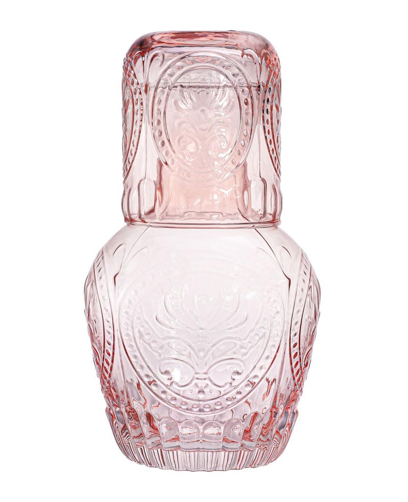 RockTrend RockTrend Retro Relief Glass Bedside Night Water Carafe with Tumbler Glass Pitcher And Cup Night SetPink 