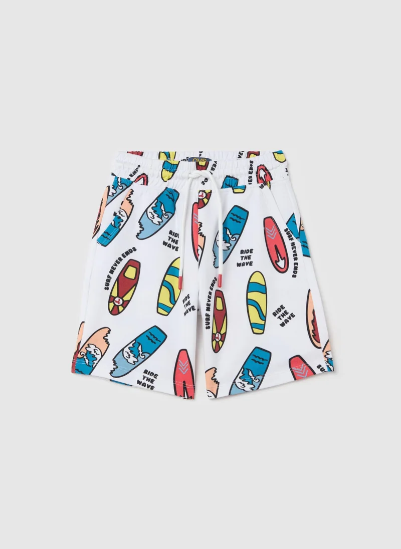 Ovs Cotton Bermuda Shorts With Drawstring And Print