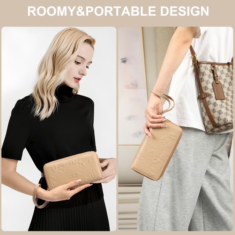 yiijay Womens Wallet RFID Blocking Large Capacity Leather Double Zip Wristlet Wallet Credit Card Phone Holder Ladies Clutch Purse Flora - Image 2