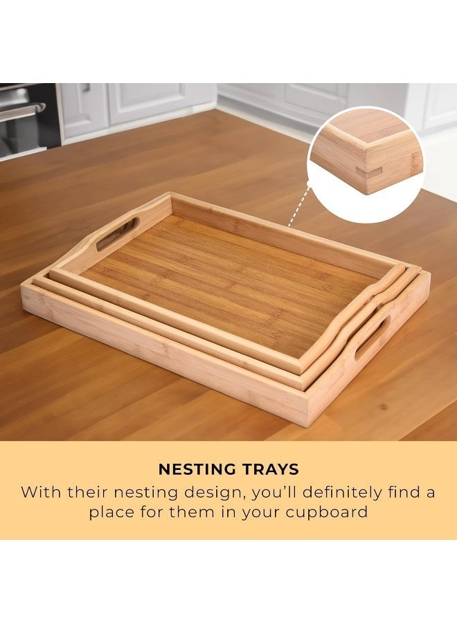 Stackable Bamboo Serving Tray With Handles, Set of 3 Sizes Decorative Nesting Wooden Trays to Serve Food, Coffee and Breakfast in Bed - Image 4