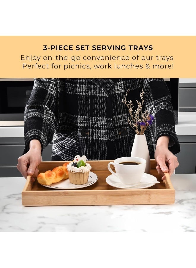 Stackable Bamboo Serving Tray With Handles, Set of 3 Sizes Decorative Nesting Wooden Trays to Serve Food, Coffee and Breakfast in Bed - Image 2