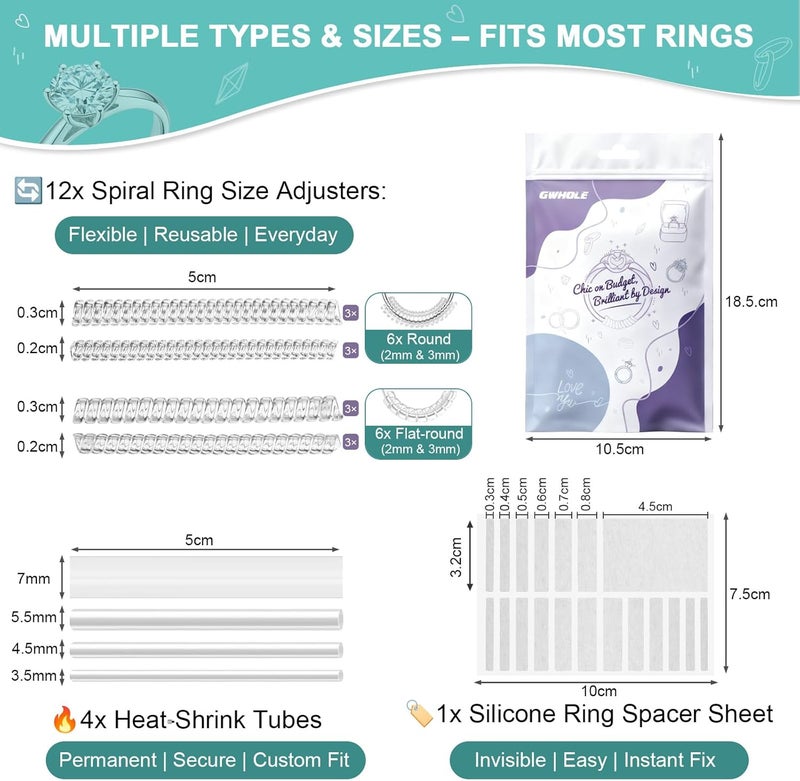 GWHOLE Ring Sizers for Loose Ring, 36 Pack Ring Guards, Adjuster, Spacers or Tightener for Women’s & Men’s Loose Rings, Reduces Size by 0.5-1 - Image 2