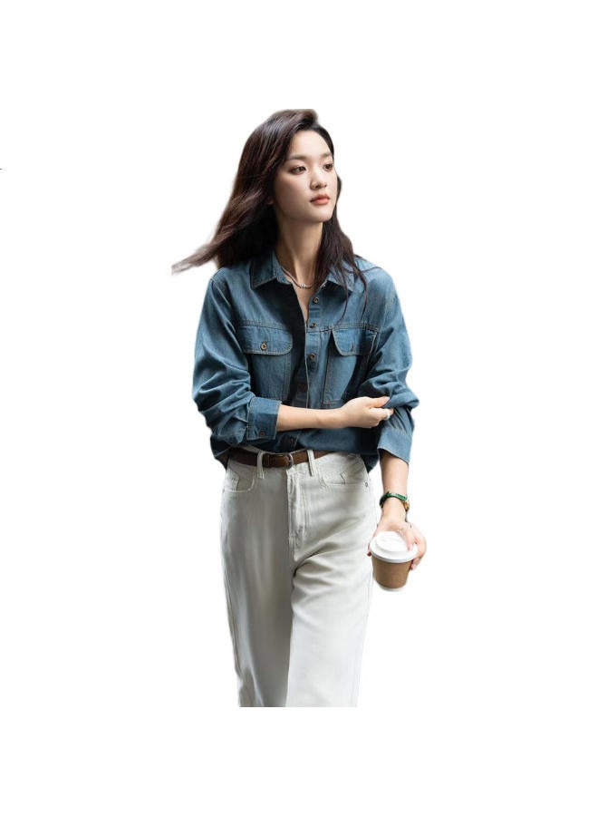 dme Demna Layered Retro Street Style Casual Chic Basic Shirt Women Denim Blue L - Image 1