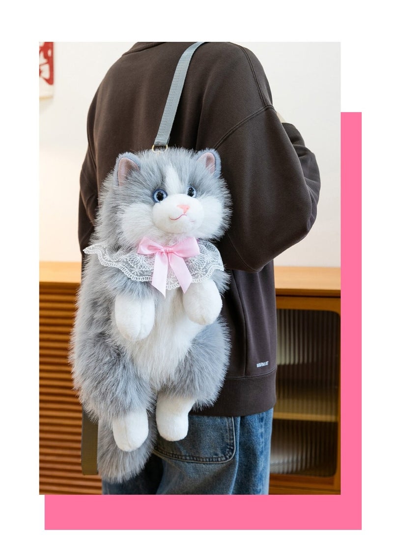 Interactive Sound Fluffy Cat Plush Backpack, 50cm, Grey - Image 1