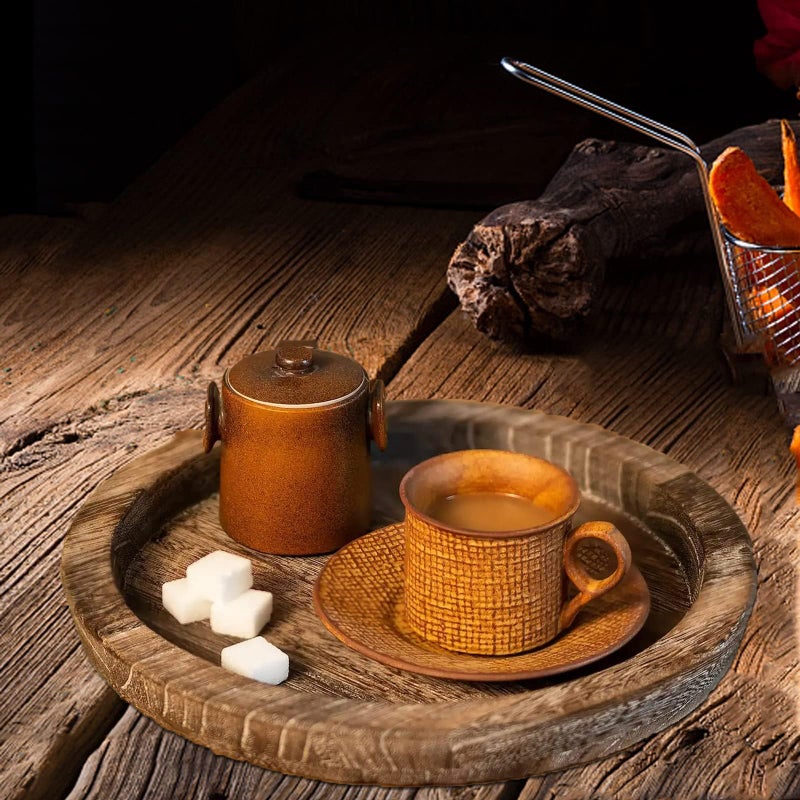 RDGDFONG Rustic Wooden Serving Tray - Candle Holder Tray Home Decor, Small Wooden Serving Tray, Round Wood Tray for Coffee Table, Decorative Tray, Centerpiece Table Decorations for Home Decor (8.07 in), Retro - Image 3