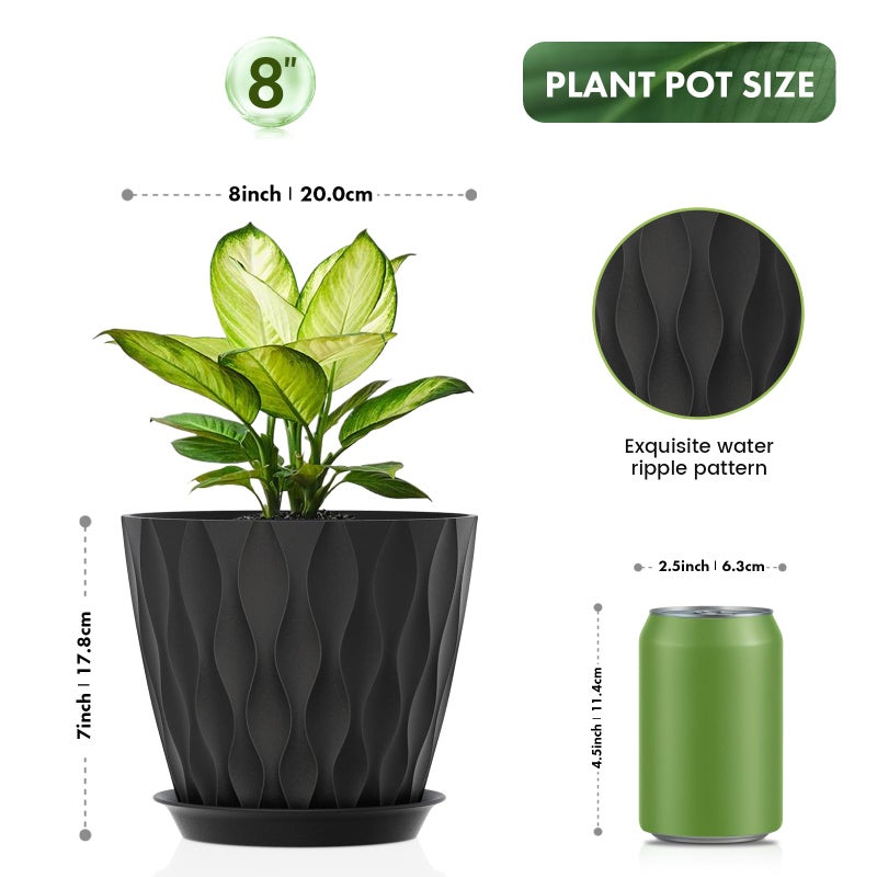 UOUZ 8 Inch Plant Pots, 4 Pack Plastic Planters for Indoor Outdoor with Drainage Holes & Saucers, Waffle Texture Flower Pots for Indoor Plants, Indoor Plant Pots for Monstera, Fiddle Leaf Fig, Black - Image 2