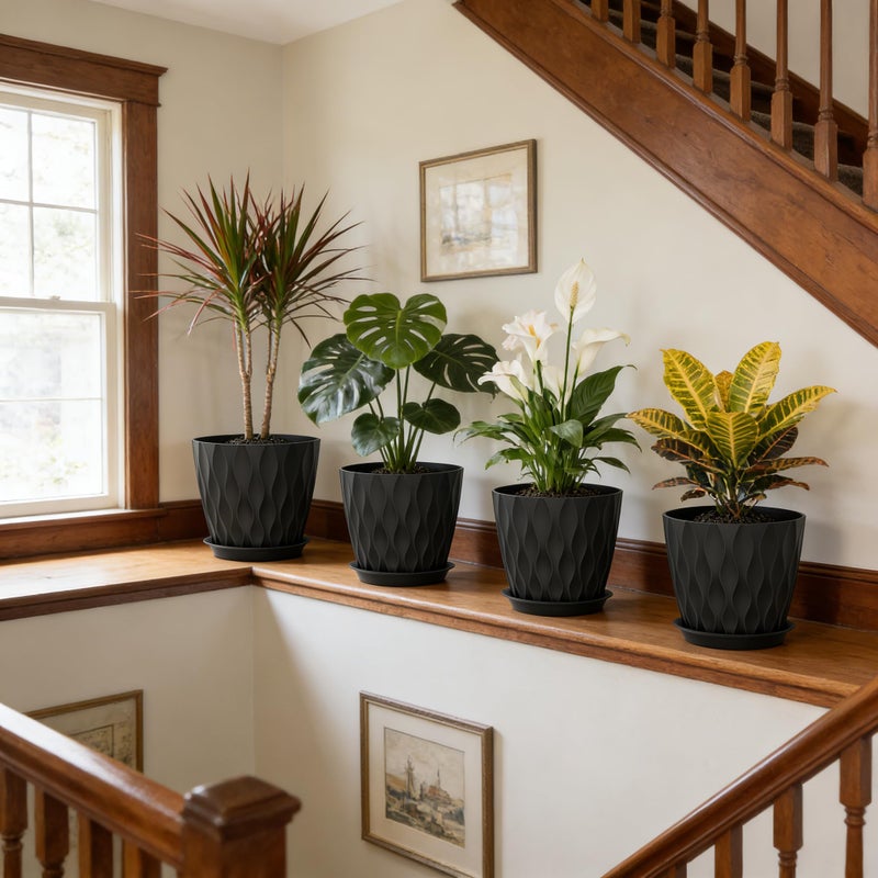 UOUZ 8 Inch Plant Pots, 4 Pack Plastic Planters for Indoor Outdoor with Drainage Holes & Saucers, Waffle Texture Flower Pots for Indoor Plants, Indoor Plant Pots for Monstera, Fiddle Leaf Fig, Black - Image 5