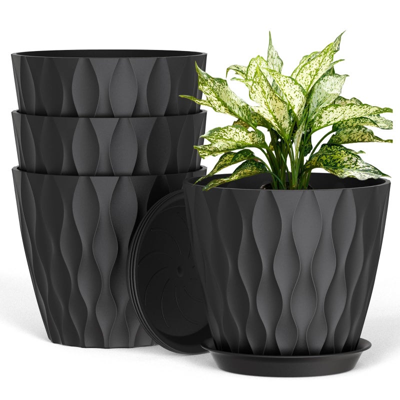 UOUZ 8 Inch Plant Pots, 4 Pack Plastic Planters for Indoor Outdoor with Drainage Holes & Saucers, Waffle Texture Flower Pots for Indoor Plants, Indoor Plant Pots for Monstera, Fiddle Leaf Fig, Black - Image 1