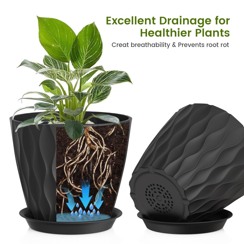 UOUZ 8 Inch Plant Pots, 4 Pack Plastic Planters for Indoor Outdoor with Drainage Holes & Saucers, Waffle Texture Flower Pots for Indoor Plants, Indoor Plant Pots for Monstera, Fiddle Leaf Fig, Black - Image 3