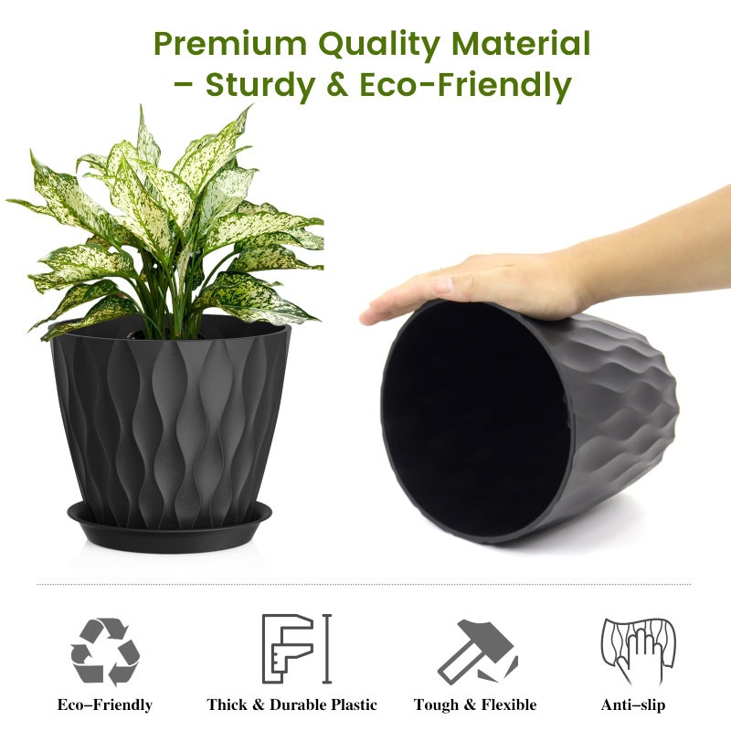UOUZ 8 Inch Plant Pots, 4 Pack Plastic Planters for Indoor Outdoor with Drainage Holes & Saucers, Waffle Texture Flower Pots for Indoor Plants, Indoor Plant Pots for Monstera, Fiddle Leaf Fig, Black - Image 4