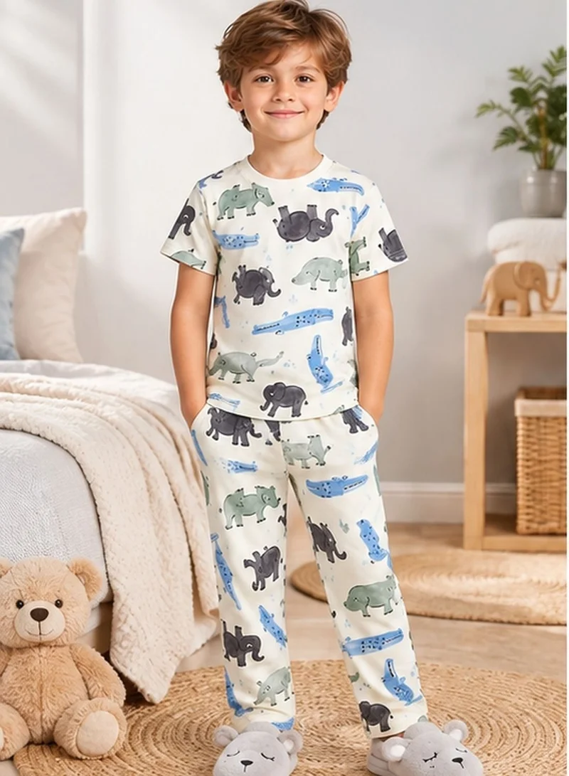 بيبي كلو Boys Cream Safari Animal Print T-Shirt and Pajama Set