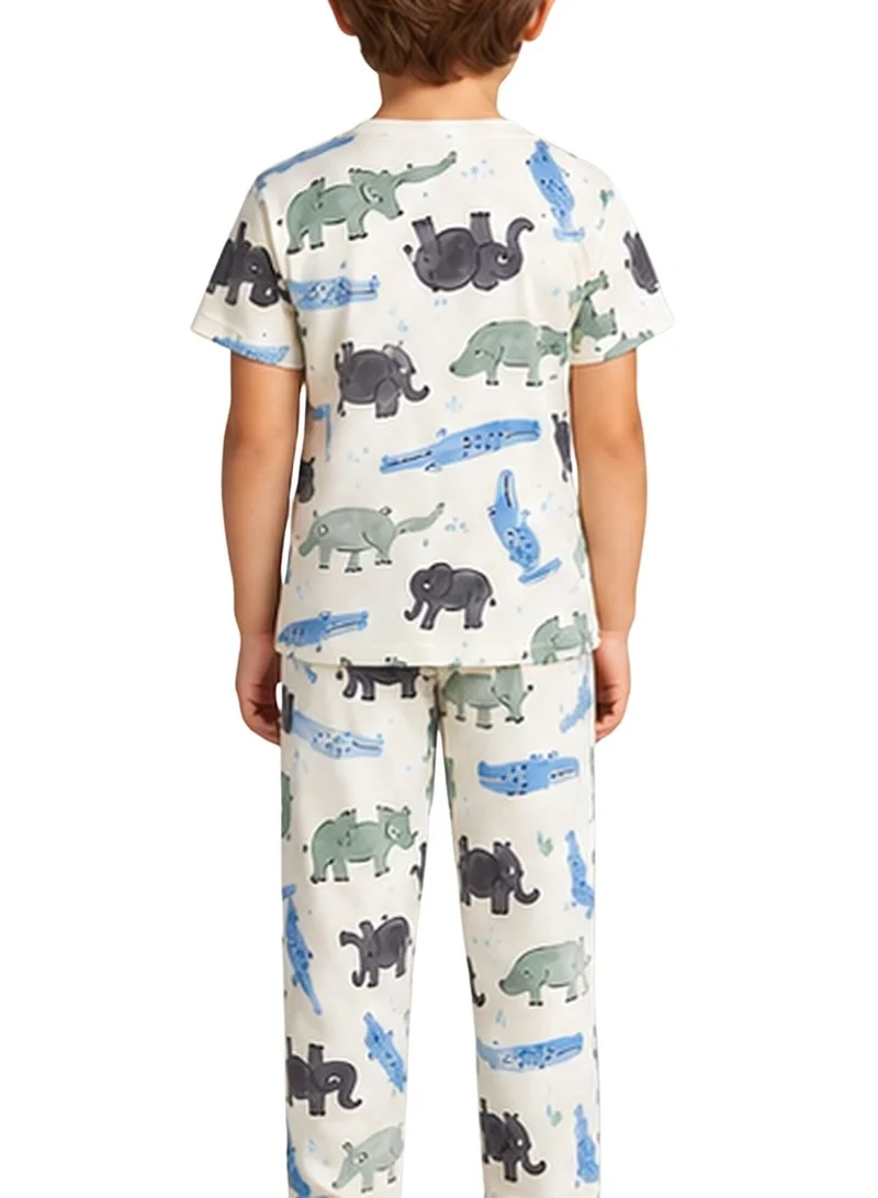 بيبي كلو Boys Cream Safari Animal Print T-Shirt and Pajama Set