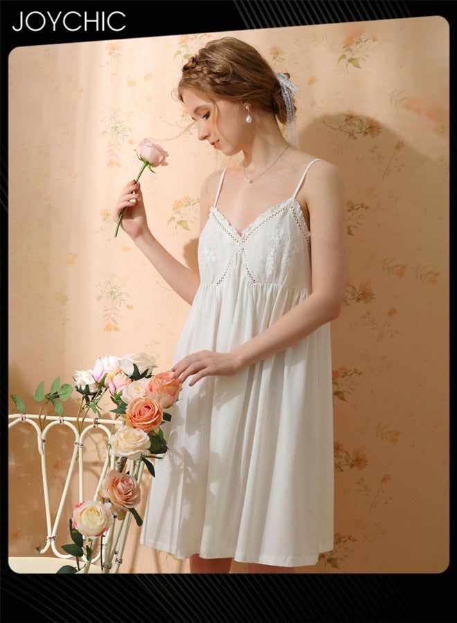 Joychic فستان نوم قطن مريح للنساء بأسلوب الأميرة القصر، حمالات فضفاضة، دانتيل، بطول متوسط لفصل الربيع والصيف والخريف، أبيض - Image 1