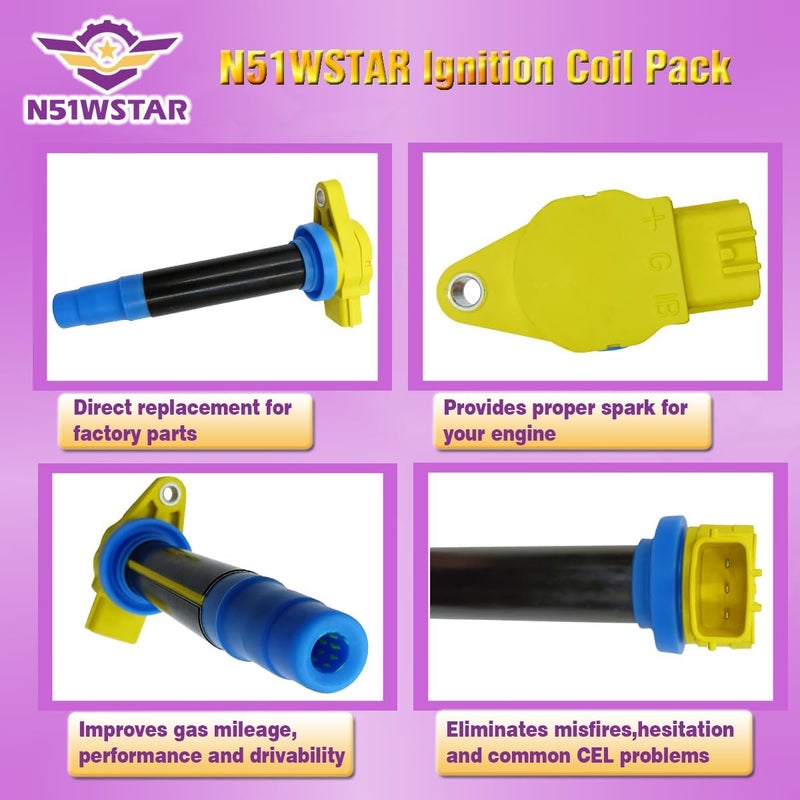 N51WSTAR مجموعة لفائف الإشعال عالية الأداء N51WSTAR مكونة من 4 قطع لسيارات نيسان سنترا L4 1.8L OG18DE 2000-2001 - Image 2