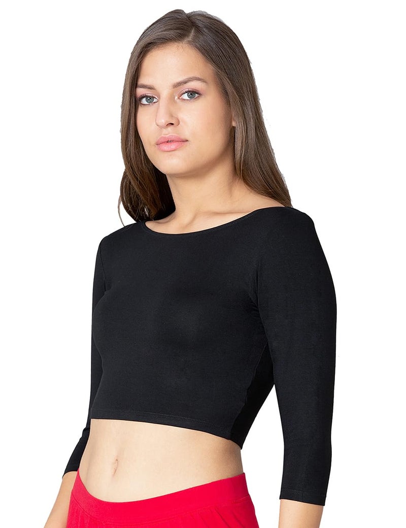 VSTAR Women's Cotton Viscose Solid Half Sleeve Blouse Black - Image 2