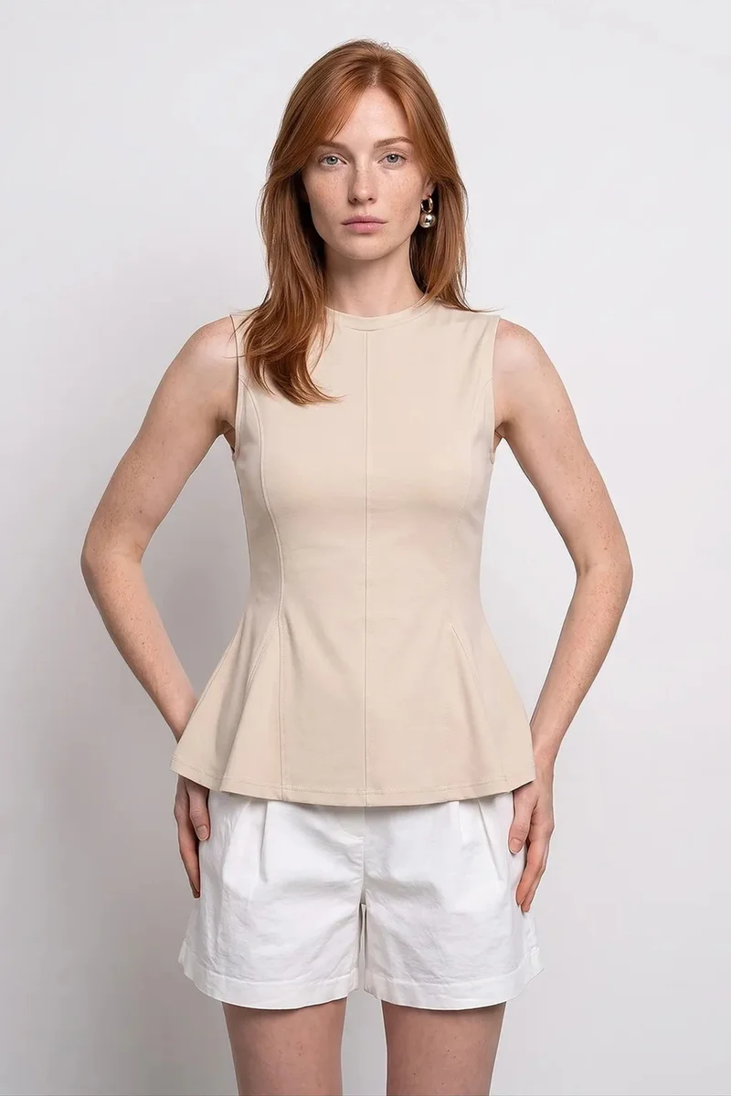 Dilvin Beige Natural DILVIN Fitted Cotton Poplin Cut-out Shell Top for Women | Best Price UAE