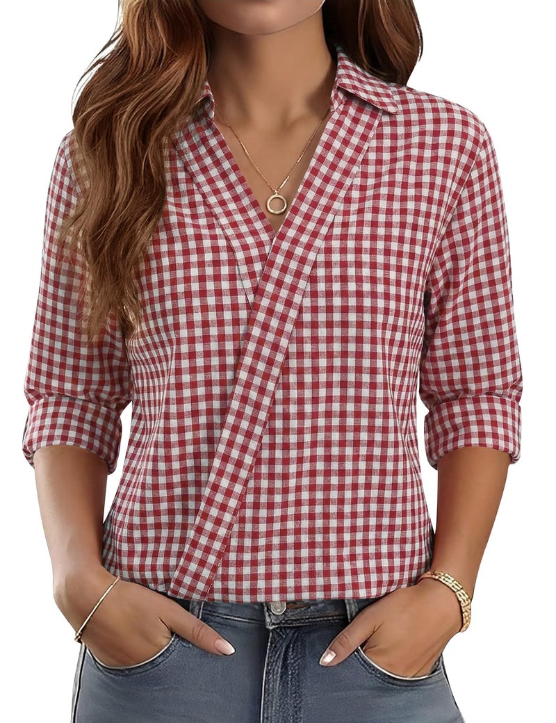 LOMON Plaid Shirts for Women Dressy Casual V Neck 3/4 Sleeve Blouses 2026 Trendy Business Casual Work Tops (Red White Plaid,XL) - Image 1