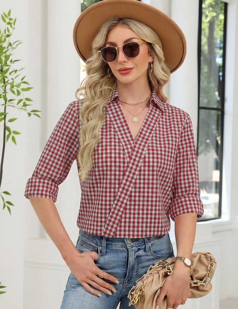 LOMON Plaid Shirts for Women Dressy Casual V Neck 3/4 Sleeve Blouses 2026 Trendy Business Casual Work Tops (Red White Plaid,XL) - Image 4