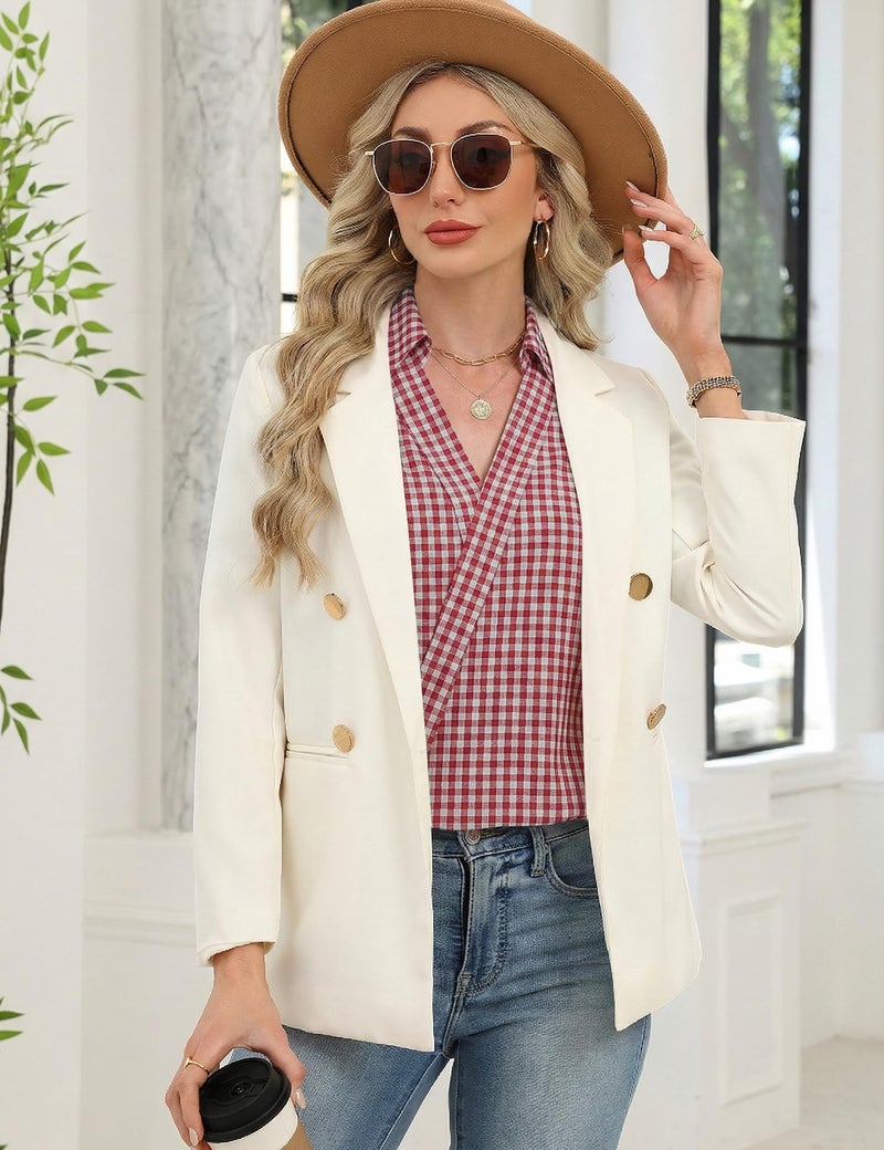 LOMON Plaid Shirts for Women Dressy Casual V Neck 3/4 Sleeve Blouses 2026 Trendy Business Casual Work Tops (Red White Plaid,XL) - Image 5