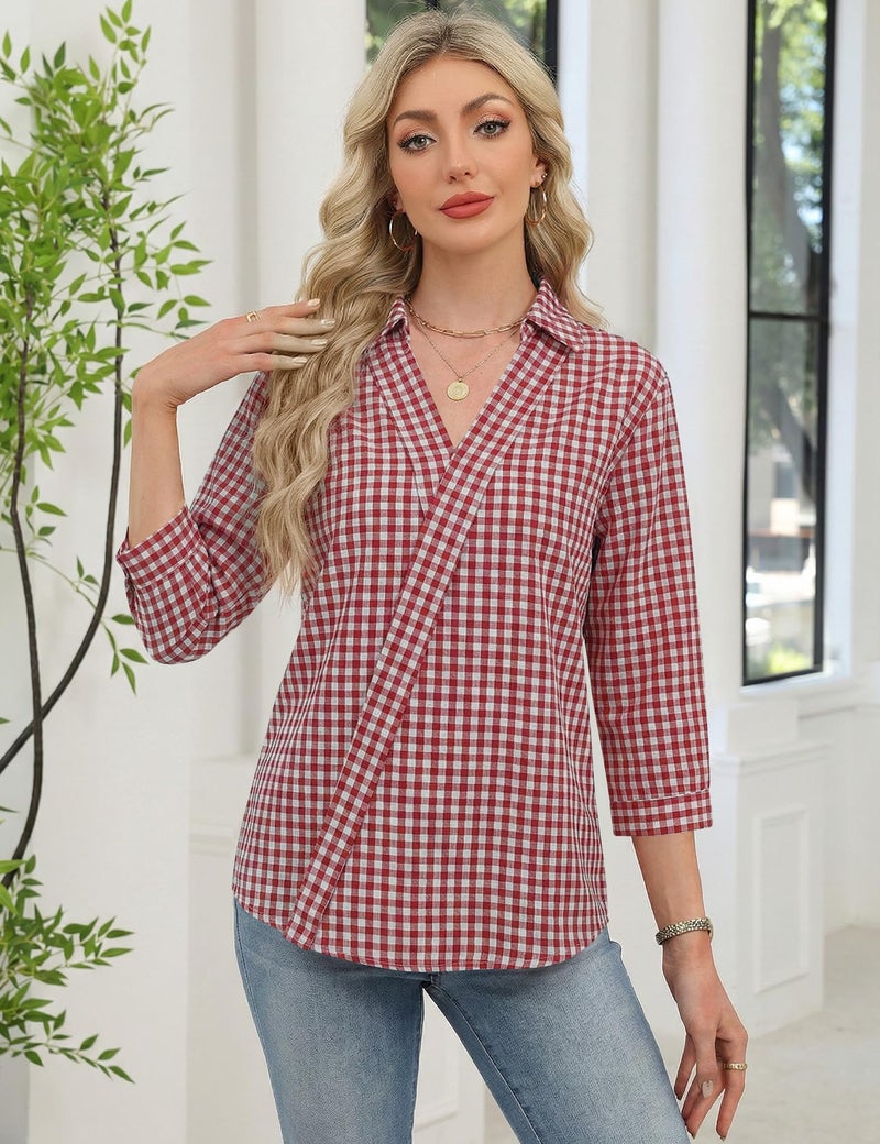 LOMON Plaid Shirts for Women Dressy Casual V Neck 3/4 Sleeve Blouses 2026 Trendy Business Casual Work Tops (Red White Plaid,XL) - Image 3
