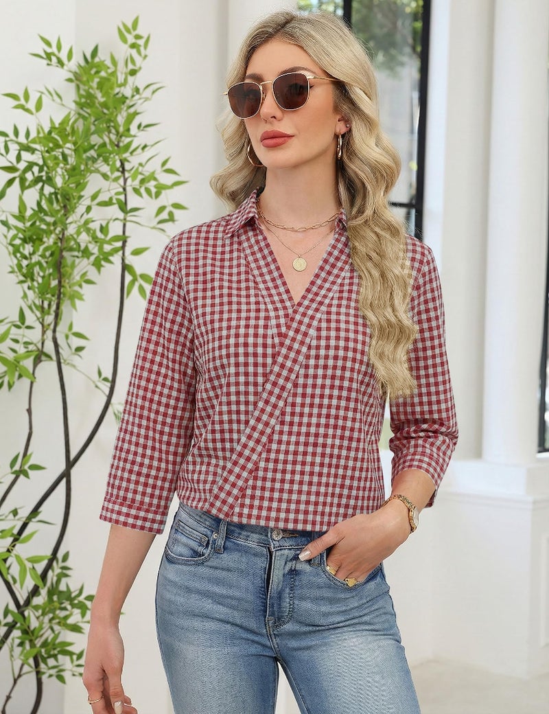 LOMON Plaid Shirts for Women Dressy Casual V Neck 3/4 Sleeve Blouses 2026 Trendy Business Casual Work Tops (Red White Plaid,XL) - Image 2
