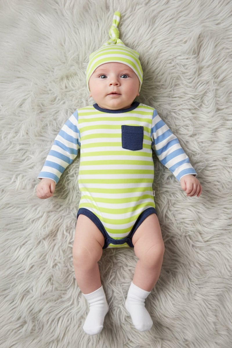 Hamleys Toddlers Boy 2 Pieces Stripe Long Sleeve Romper With Hat, Multicolor - Image 1