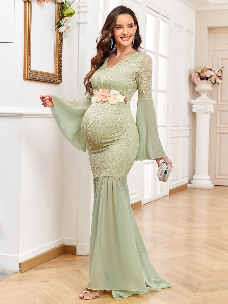 AISWI Maternity Dress Baby Shower Long Bell Sleeve Floral Lace Contrast Chiffon V-Neck Mermaid Pregnancy Photoshoot Gown, Sage Green, Large - Image 2
