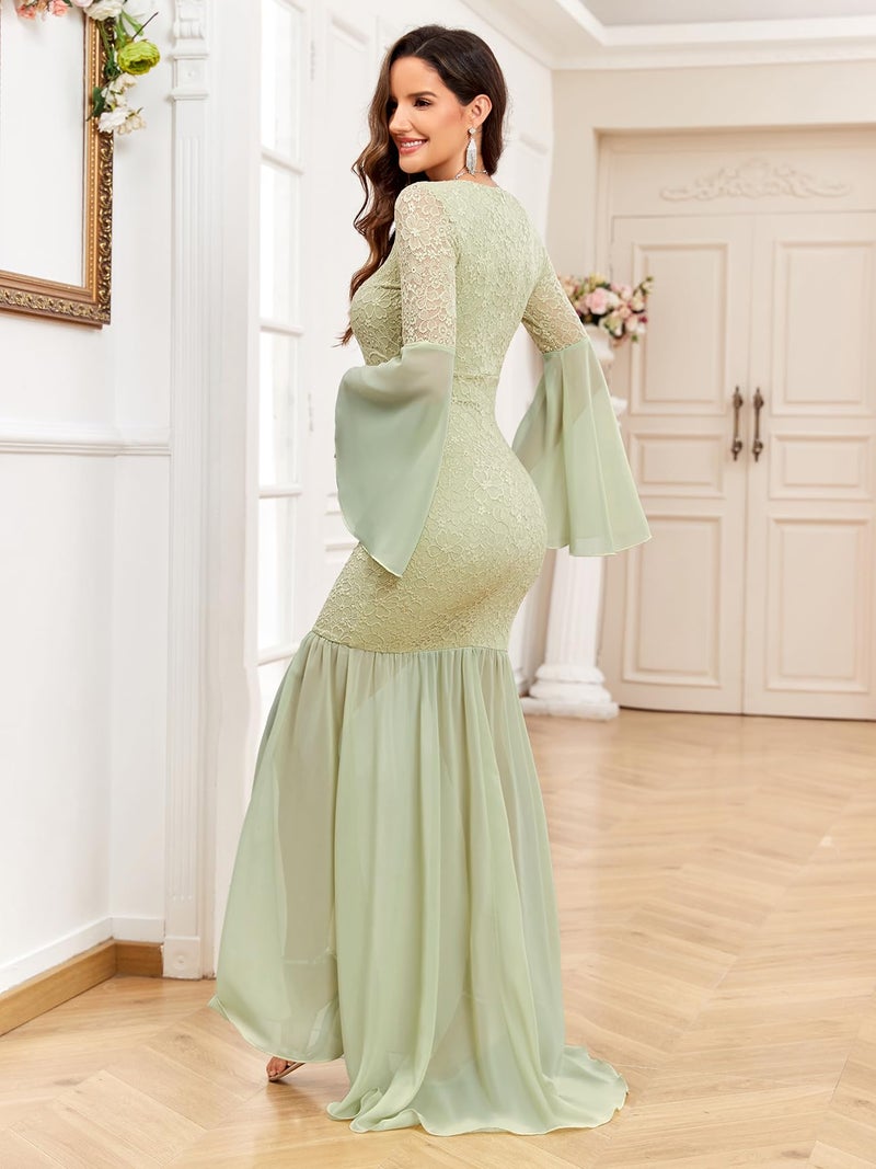 AISWI Maternity Dress Baby Shower Long Bell Sleeve Floral Lace Contrast Chiffon V-Neck Mermaid Pregnancy Photoshoot Gown, Sage Green, Large - Image 4