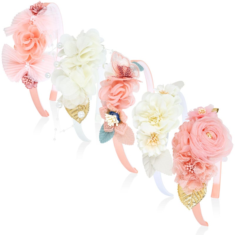 Dizila 5 Pieces Pink Ivory Chiffon Flower Plasitc Headbands Floral Hair Bands Hoops Accessories - Image 1