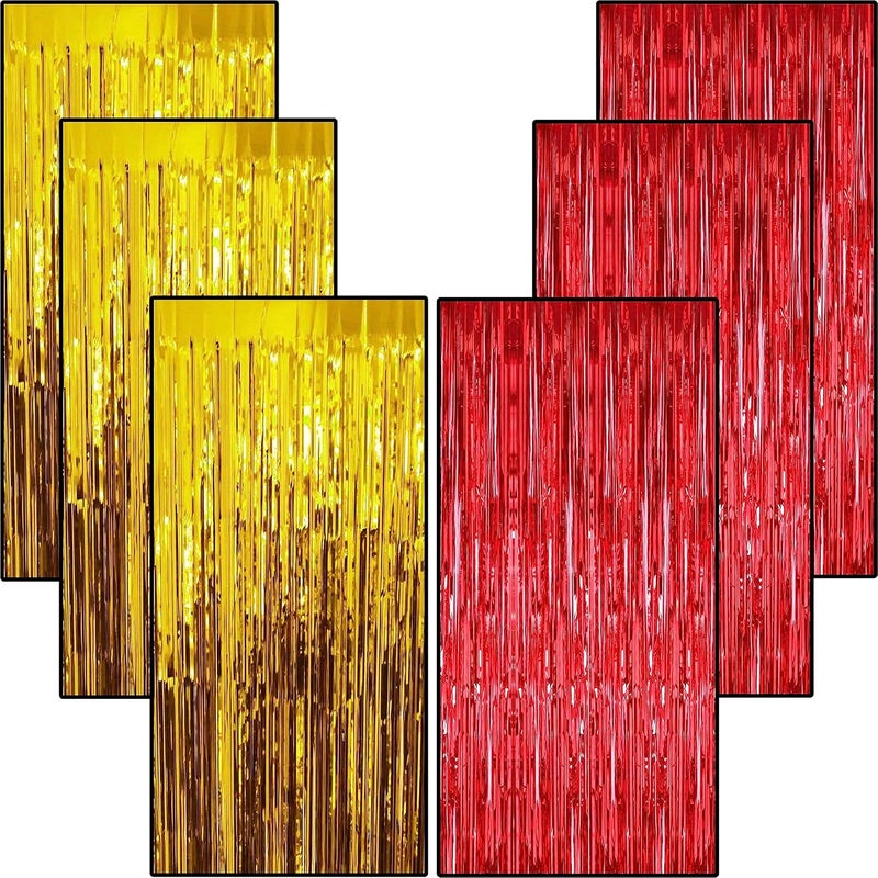 TOYXE 6 Pieces Foil Fringe Tinsel Party Curtains for Photo Backdrop GoldRED - Image 1
