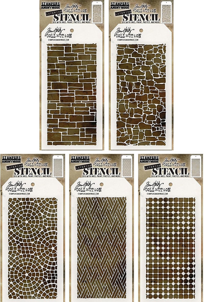 Tim Holtz  Stencils Set 11  Five Item Bundle  Spring 2017 Release  Slate Stone Mosaic Woven and Grid Dot