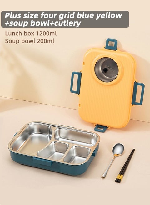 304 Stainless Steel Lunch Box with 200ML Soup Bowl and 4 Compartments For Kids/Adults 1400ML Large Capacity Bento Box Yellow/Navy
