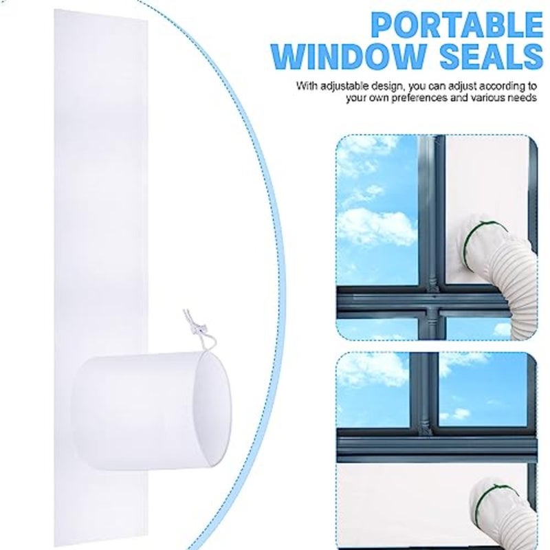 Portable AC window kit for home use, vinyl material, white color, adjustable 34-64 inch fit with drawstring and adhesive fastener - Image 2