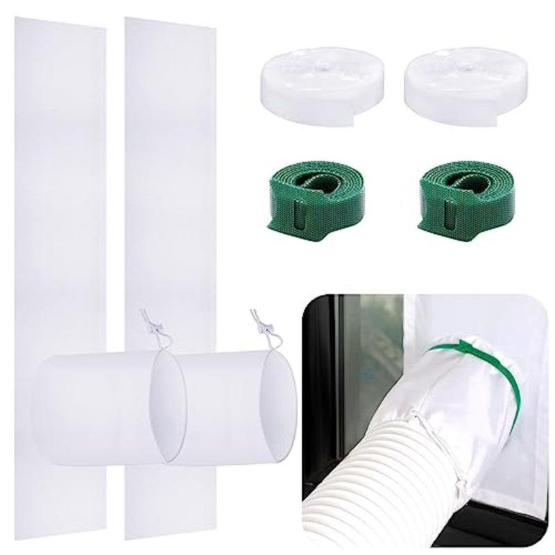 Portable AC window kit for home use, vinyl material, white color, adjustable 34-64 inch fit with drawstring and adhesive fastener - Image 1