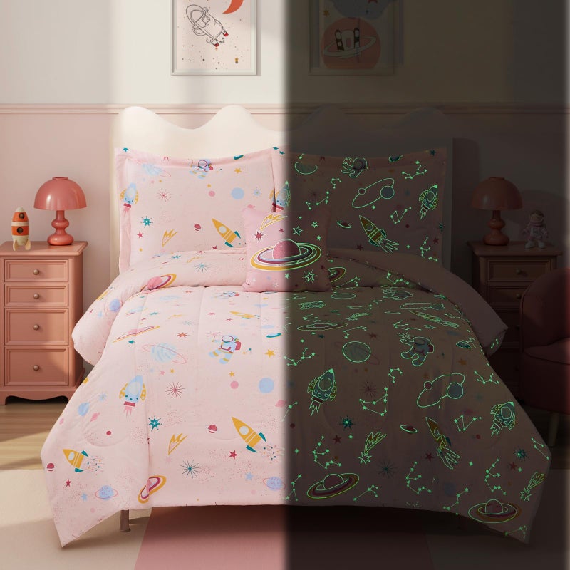 Kaleido Space Glow in The Dark Kids Comforter Set Full Size for Girls, Planet Bedding Set 1 Comforter, 1 Decor Pillow, 2 Pillow Shams - Image 2