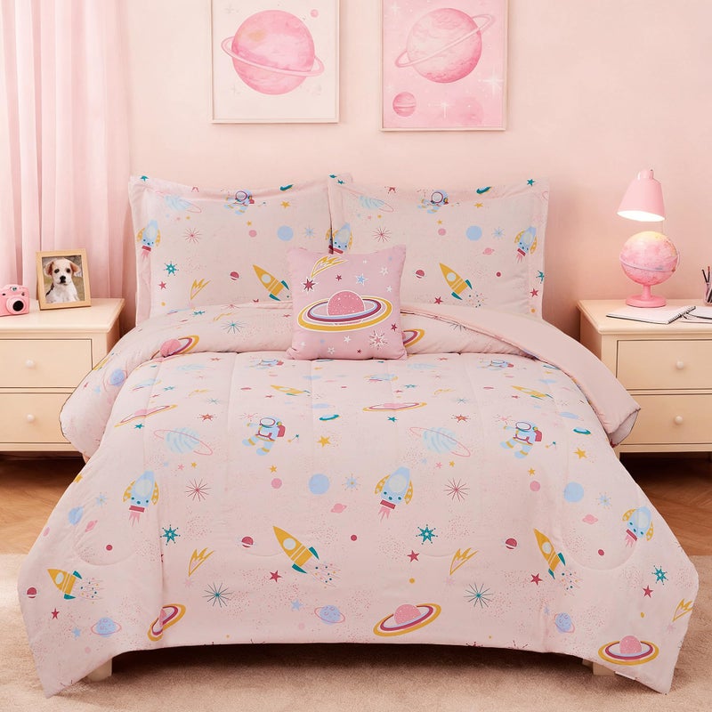 Kaleido Space Glow in The Dark Kids Comforter Set Full Size for Girls, Planet Bedding Set 1 Comforter, 1 Decor Pillow, 2 Pillow Shams - Image 1