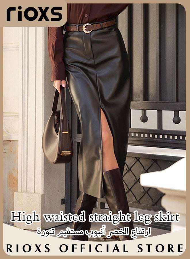 RIOXS Women's Casual Classic Bodycon Pencil Skirt Slim Split Straight Leather Skirt High Waist Mid-Length Skirt  - Image 2