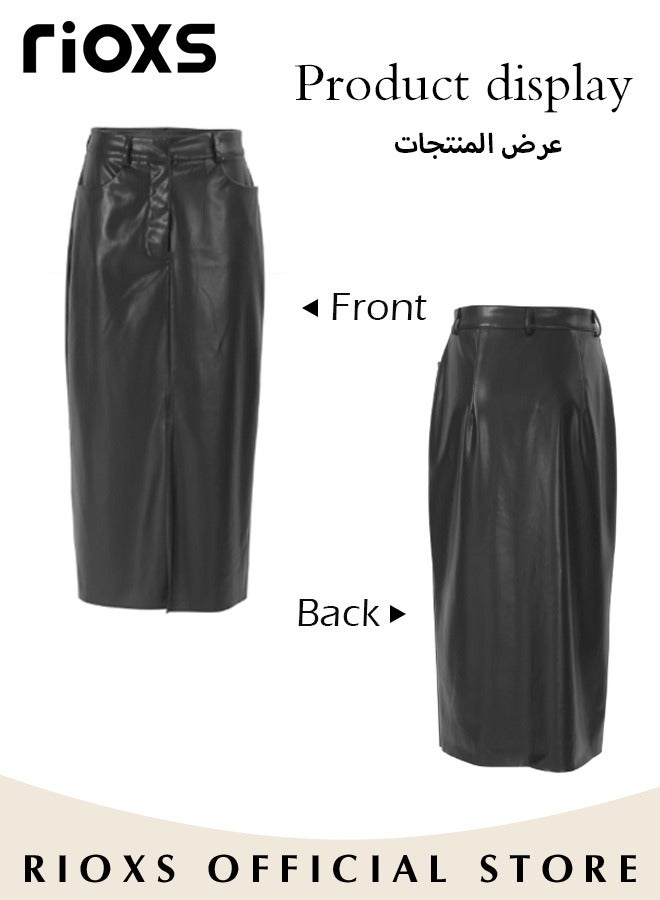RIOXS Women's Casual Classic Bodycon Pencil Skirt Slim Split Straight Leather Skirt High Waist Mid-Length Skirt  - Image 4