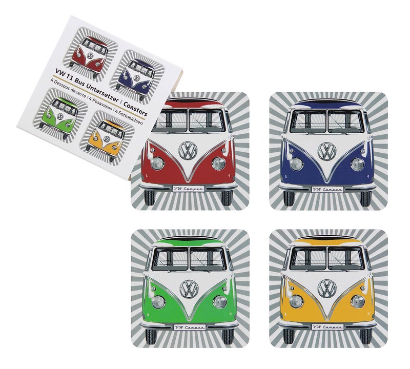 BRISA BRISA VW Collection  Volkswagen Drink Glass Cork Coasters with MDF Coating and T1 Bus Campervan Design 4Piece SetSamba StripesMulticolor