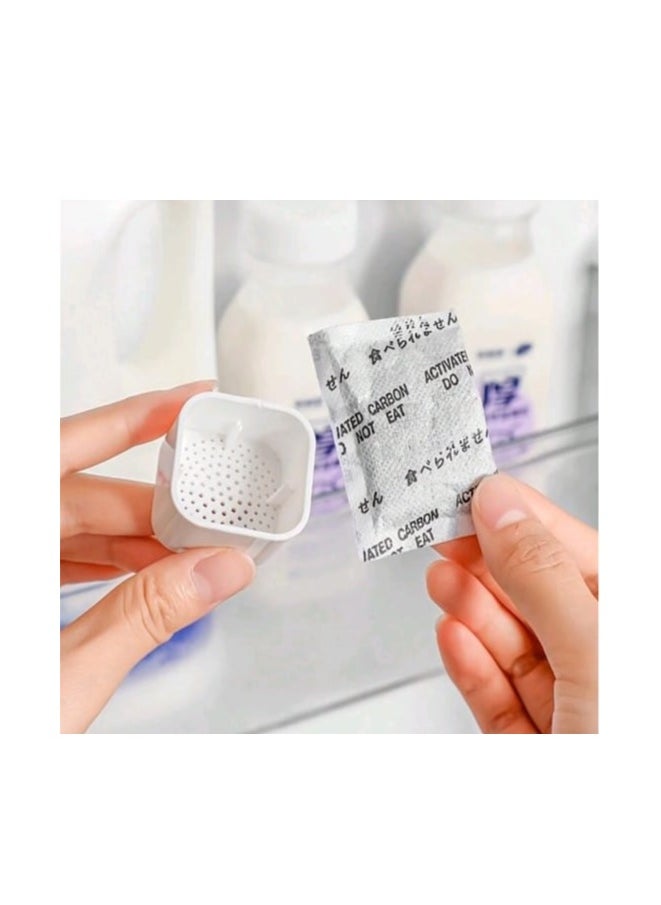 12 Small Plastic Boxes with Activated Carbon Bags for Fridge and Wardrobe, Odor Eliminator  Compact boxes sized at 3.6 * 3.6 cm in white, designed to effectively eliminate unpleasant odors, bacteria, and fungi in enclosed spaces. Each box contains activated carbon bags that absorb odors efficiently, making them ideal for use in refrigerators, wardrobes, and any closed area in the home