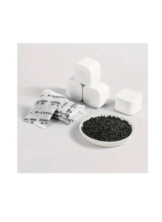 12 Small Plastic Boxes with Activated Carbon Bags for Fridge and Wardrobe, Odor Eliminator  Compact boxes sized at 3.6 * 3.6 cm in white, designed to effectively eliminate unpleasant odors, bacteria, and fungi in enclosed spaces. Each box contains activated carbon bags that absorb odors efficiently, making them ideal for use in refrigerators, wardrobes, and any closed area in the home