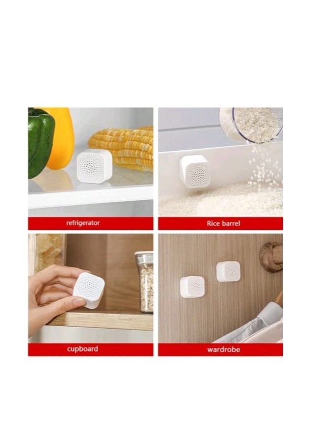 12 Small Plastic Boxes with Activated Carbon Bags for Fridge and Wardrobe, Odor Eliminator  Compact boxes sized at 3.6 * 3.6 cm in white, designed to effectively eliminate unpleasant odors, bacteria, and fungi in enclosed spaces. Each box contains activated carbon bags that absorb odors efficiently, making them ideal for use in refrigerators, wardrobes, and any closed area in the home