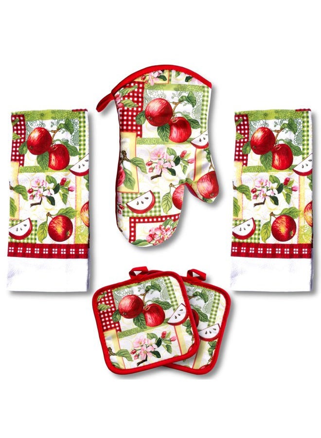Lobyn Value Packs 5 Piece Country Kitchen Towel Set: Features Red Apples on a Patchwork Quilt, 2 Decorative Dish Towels, 1 Oven Mitt, and 2 Quilted Potholders - Image 1