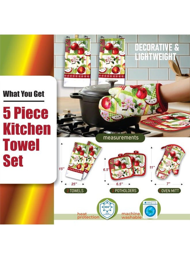 Lobyn Value Packs 5 Piece Country Kitchen Towel Set: Features Red Apples on a Patchwork Quilt, 2 Decorative Dish Towels, 1 Oven Mitt, and 2 Quilted Potholders - Image 2