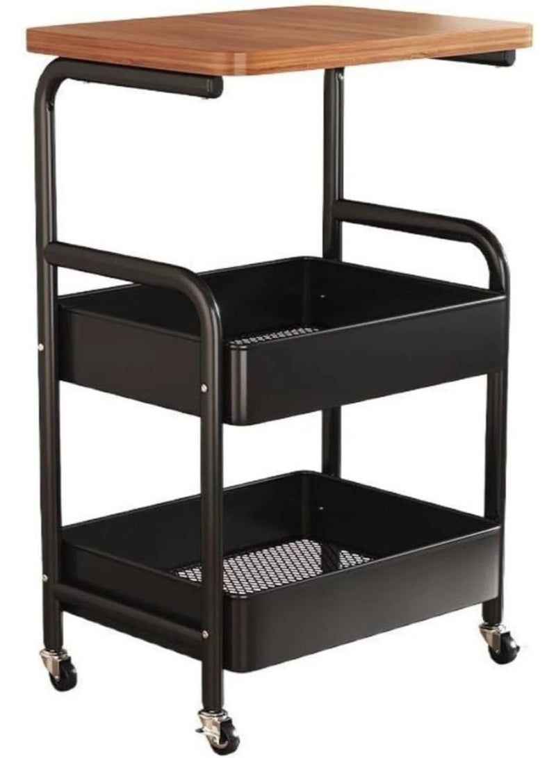 Two-Tier Wheeled Storage Trolley with Wooden Top and Black Metal Shelves - Image 1