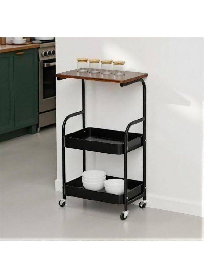 Two-Tier Wheeled Storage Trolley with Wooden Top and Black Metal Shelves - Image 2