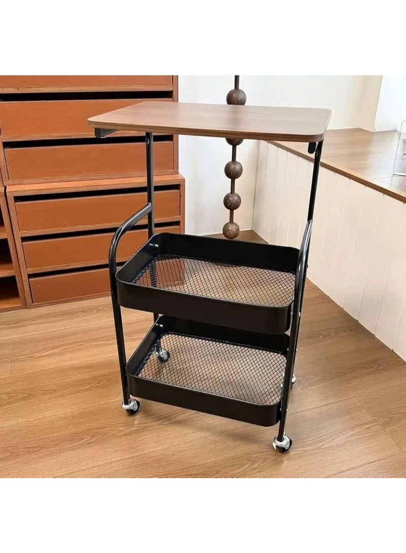 Two-Tier Wheeled Storage Trolley with Wooden Top and Black Metal Shelves - Image 3